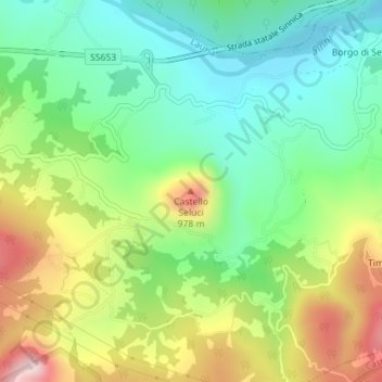 Mapa topográfico Castello Seluci, altitud, relieve