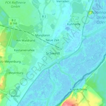Mapa topográfico Schwedt, altitud, relieve
