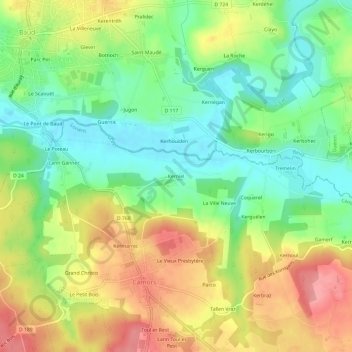 Mapa topográfico Kerniel, altitud, relieve