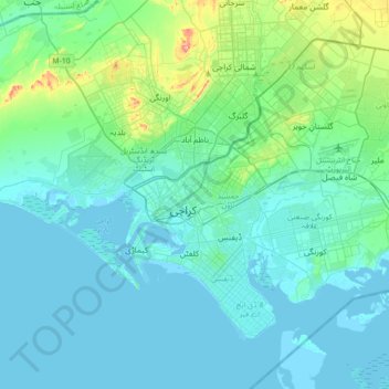 Mapa topográfico Karachi, altitud, relieve