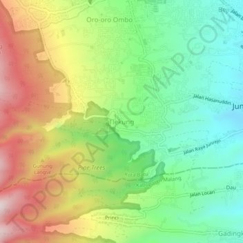 Mapa topográfico Tlekung, altitud, relieve
