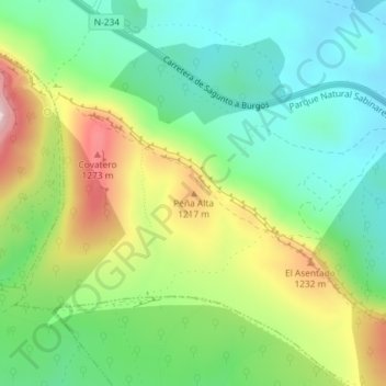 Mapa topográfico Peña Alta, altitud, relieve