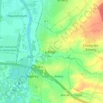 Mapa topográfico Rugy, altitud, relieve