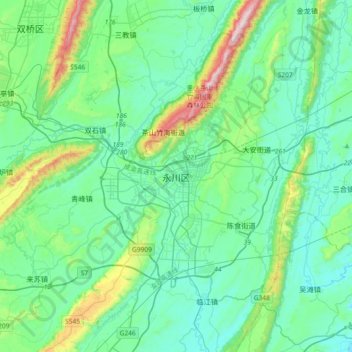 Mapa topográfico Yongchuan, altitud, relieve