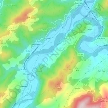 Mapa topográfico Quinzanas, altitud, relieve