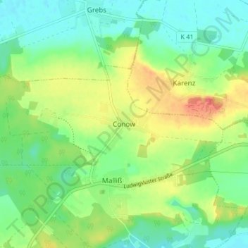 Mapa topográfico Conow, altitud, relieve