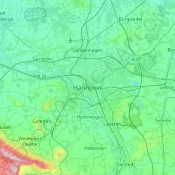 Mapa topográfico Hannover, altitud, relieve