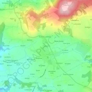 Mapa topográfico Kerinou, altitud, relieve