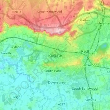 Mapa topográfico Reigate, altitud, relieve
