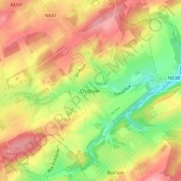 Mapa topográfico Ocquier, altitud, relieve
