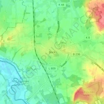 Mapa topográfico Bork, altitud, relieve