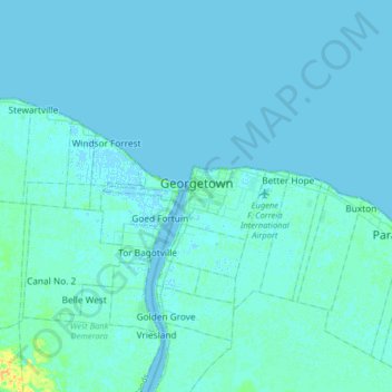 Mapa topográfico Georgetown, altitud, relieve