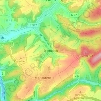Mapa topográfico Erlenbach, altitud, relieve