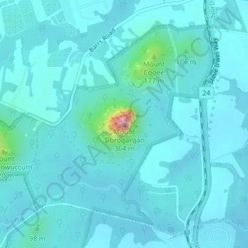 Mapa topográfico Mount Tibrogargan, altitud, relieve