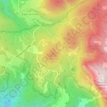 Mapa topográfico Monte Orecchiella, altitud, relieve