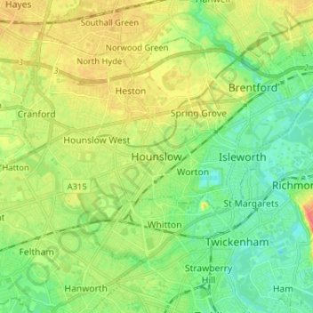 Mapa topográfico Hounslow, altitud, relieve