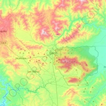Mapa topográfico Danlí, altitud, relieve