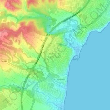 Mapa topográfico Dehesa de Campoamor, altitud, relieve