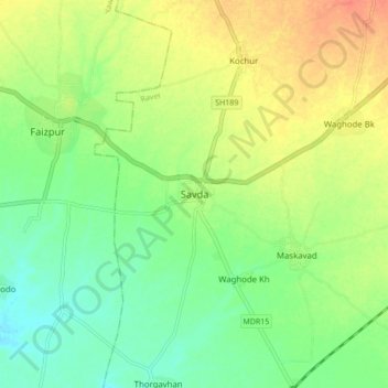 Mapa topográfico Savda, altitud, relieve