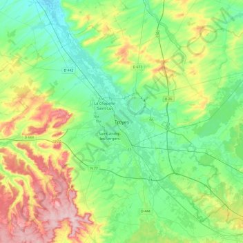 Mapa topográfico Troyes, altitud, relieve