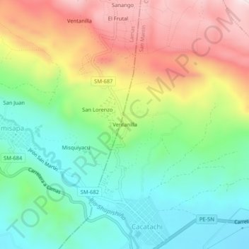 Mapa topográfico Ventanilla, altitud, relieve