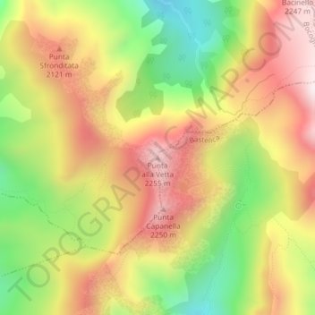 Mapa topográfico Punta alla Vetta, altitud, relieve