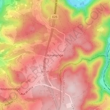 Mapa topográfico Havelange, altitud, relieve