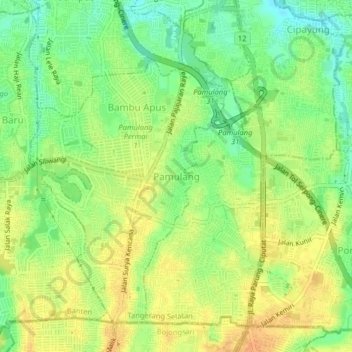 Mapa topográfico Pamulang, altitud, relieve