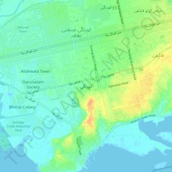 Mapa topográfico Korangi, altitud, relieve