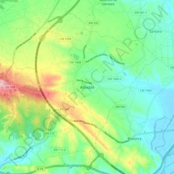 Mapa topográfico Alhadas, altitud, relieve