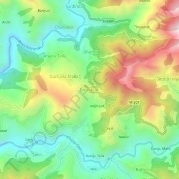 Mapa topográfico Bironkhal, altitud, relieve