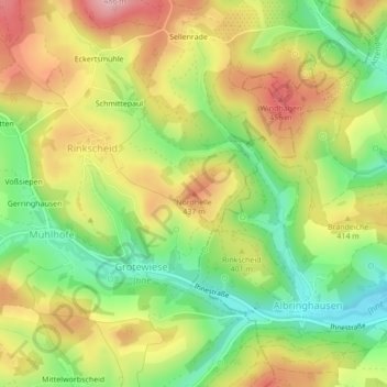 Mapa topográfico Nordhelle, altitud, relieve