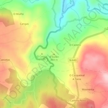 Mapa topográfico O Batán, altitud, relieve