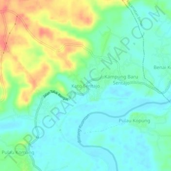 Mapa topográfico Koto Sentajo, altitud, relieve