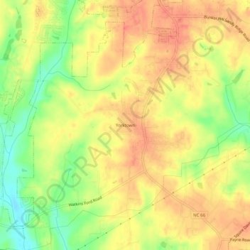 Mapa topográfico Yorktown, altitud, relieve