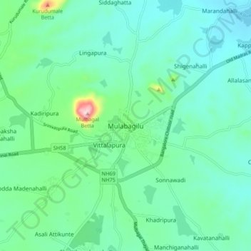 Mapa topográfico Mulabagilu, altitud, relieve