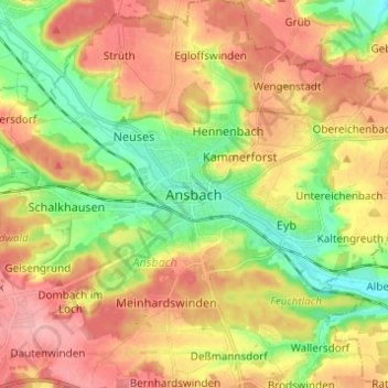 Mapa topográfico Ansbach, altitud, relieve