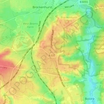 Mapa topográfico Setley, altitud, relieve