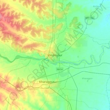 Mapa topográfico Medinipur, altitud, relieve