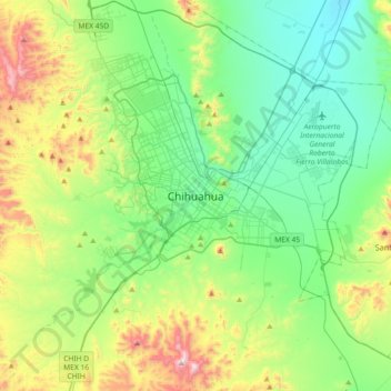 Mapa topográfico Chihuahua, altitud, relieve