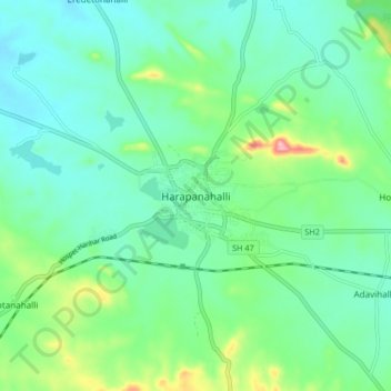 Mapa topográfico Harapanahalli, altitud, relieve