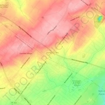 Mapa topográfico Harley Corners, altitud, relieve
