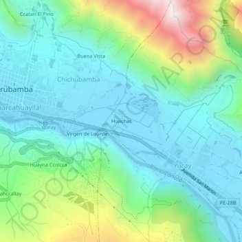 Mapa topográfico Huachac, altitud, relieve
