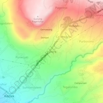 Mapa topográfico Gondang, altitud, relieve