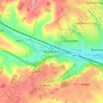 Mapa topográfico Bourne End, altitud, relieve