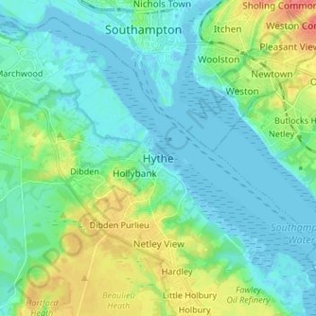 Mapa topográfico Hythe, altitud, relieve
