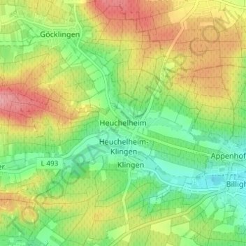 Mapa topográfico Heuchelheim, altitud, relieve