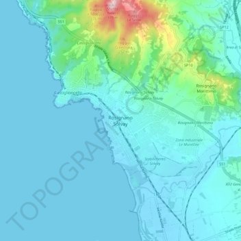 Mapa topográfico Rosignano Solvay, altitud, relieve