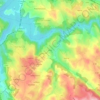 Mapa topográfico Carsac, altitud, relieve