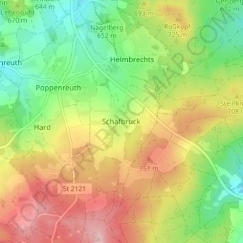 Mapa topográfico Schafbruck, altitud, relieve